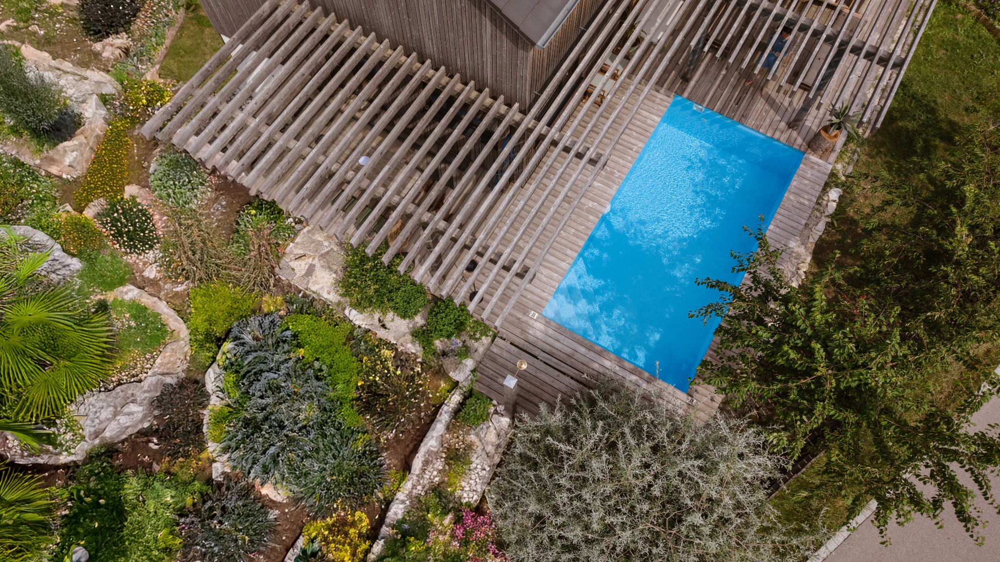 Luftaufnahme eines Hauses mit Pool und Garten